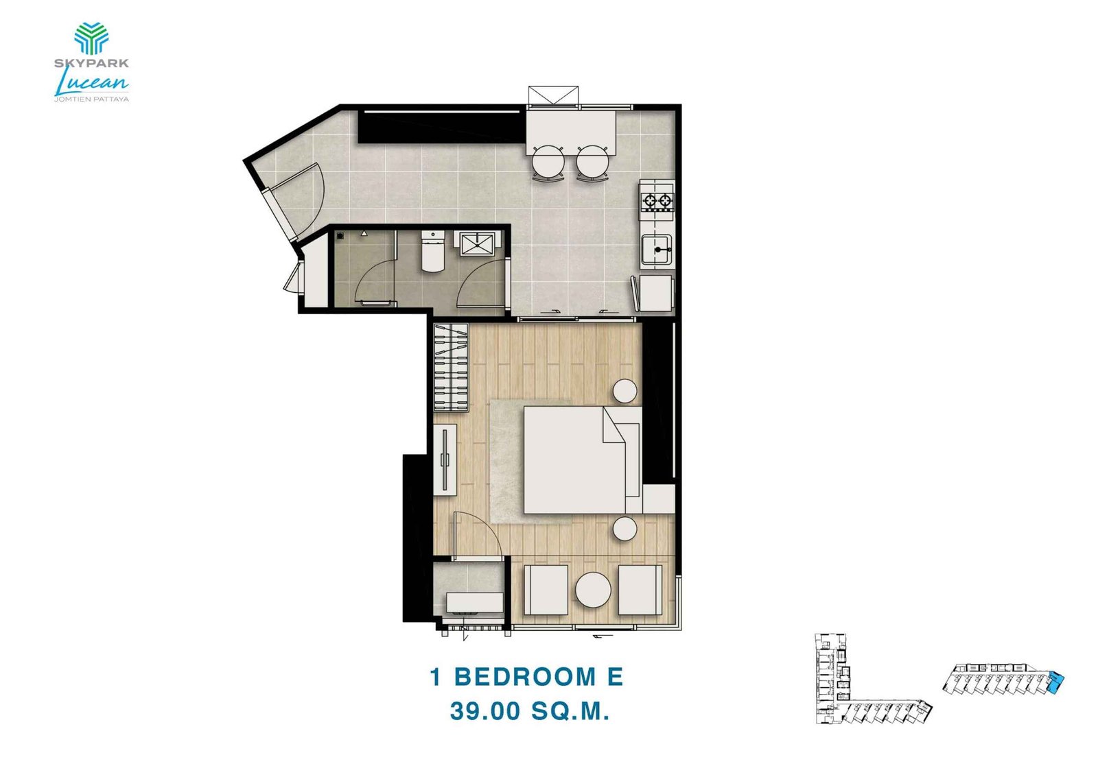 skypark lucean jomtien pattaya 1 bedroom plan type E 39 sqm