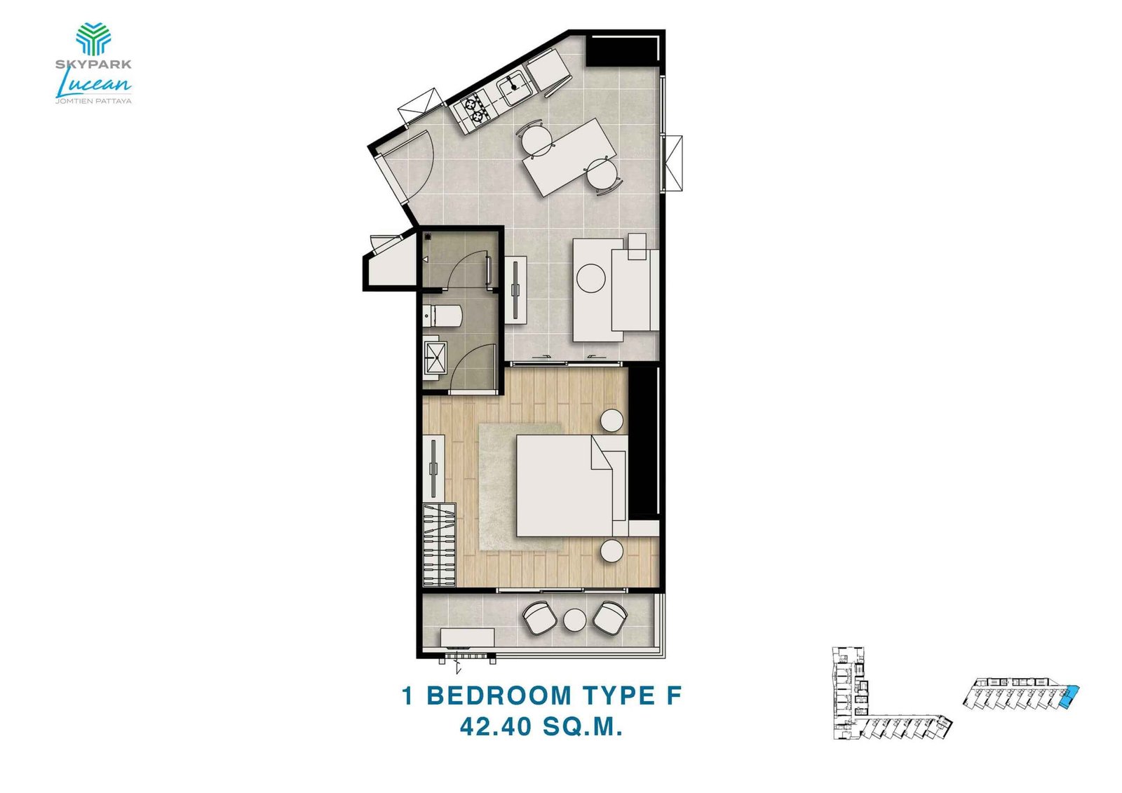 skypark lucean jomtien pattaya 1 bedroom plan type F 42.40 sqm