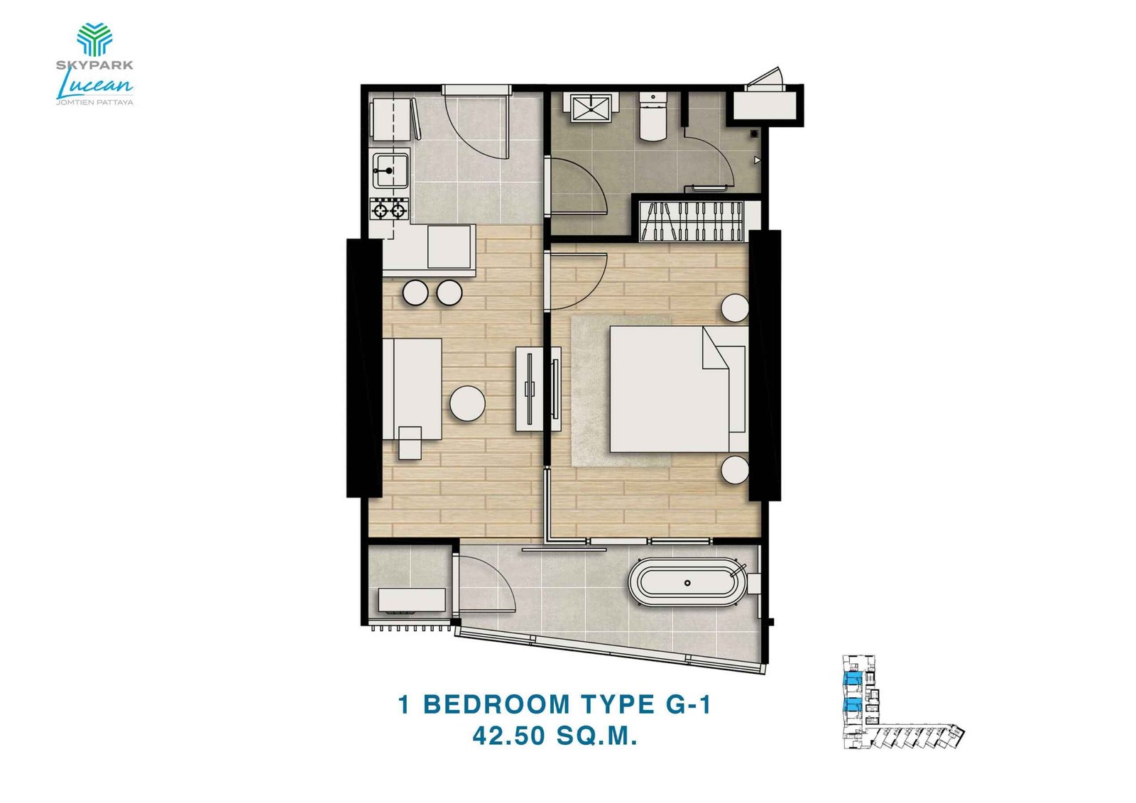 skypark lucean jomtien pattaya 1 bedroom plan type G-1 42.5 sqm
