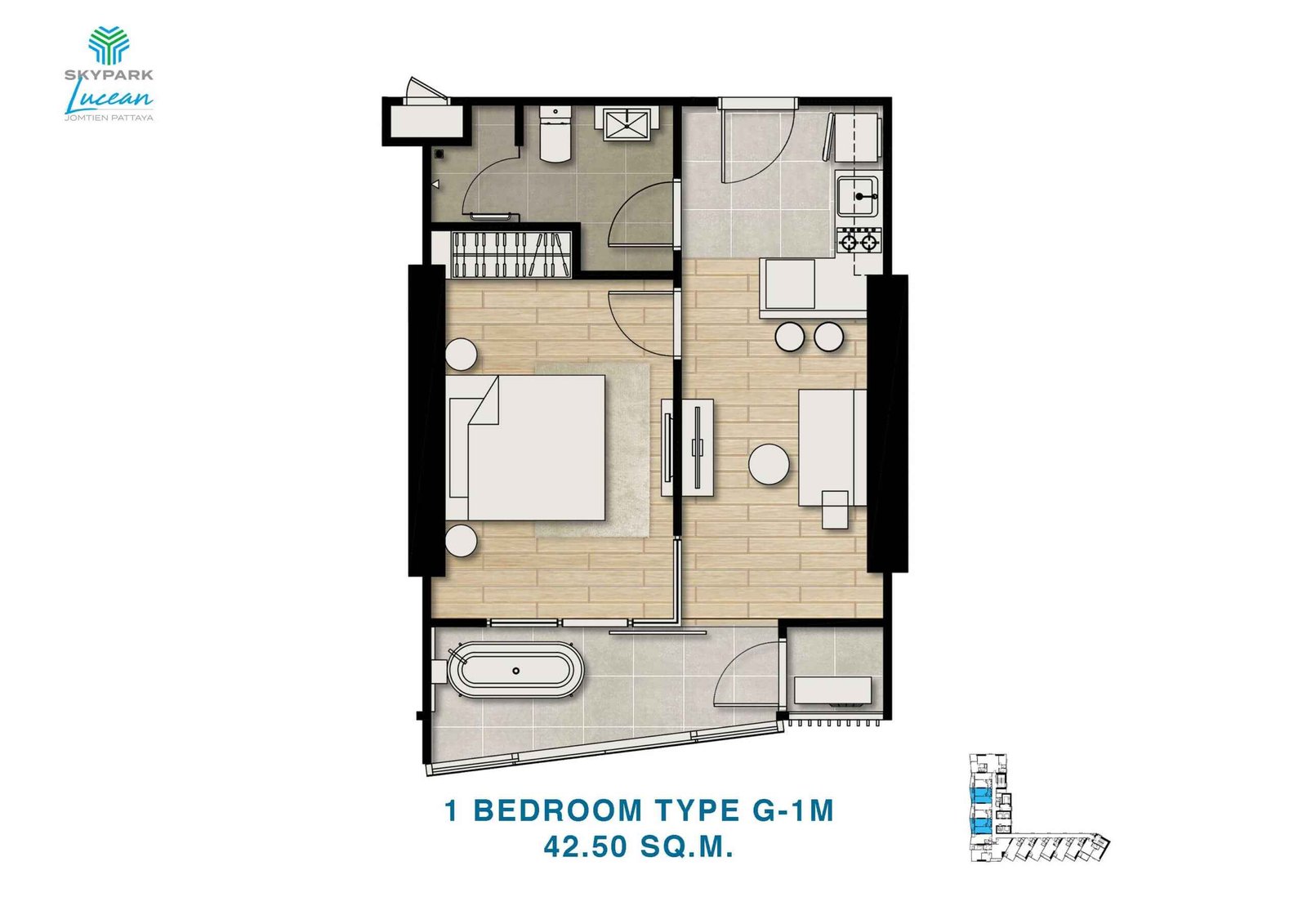 skypark lucean jomtien pattaya 1 bedroom plan type G-1M 42.5 sqm