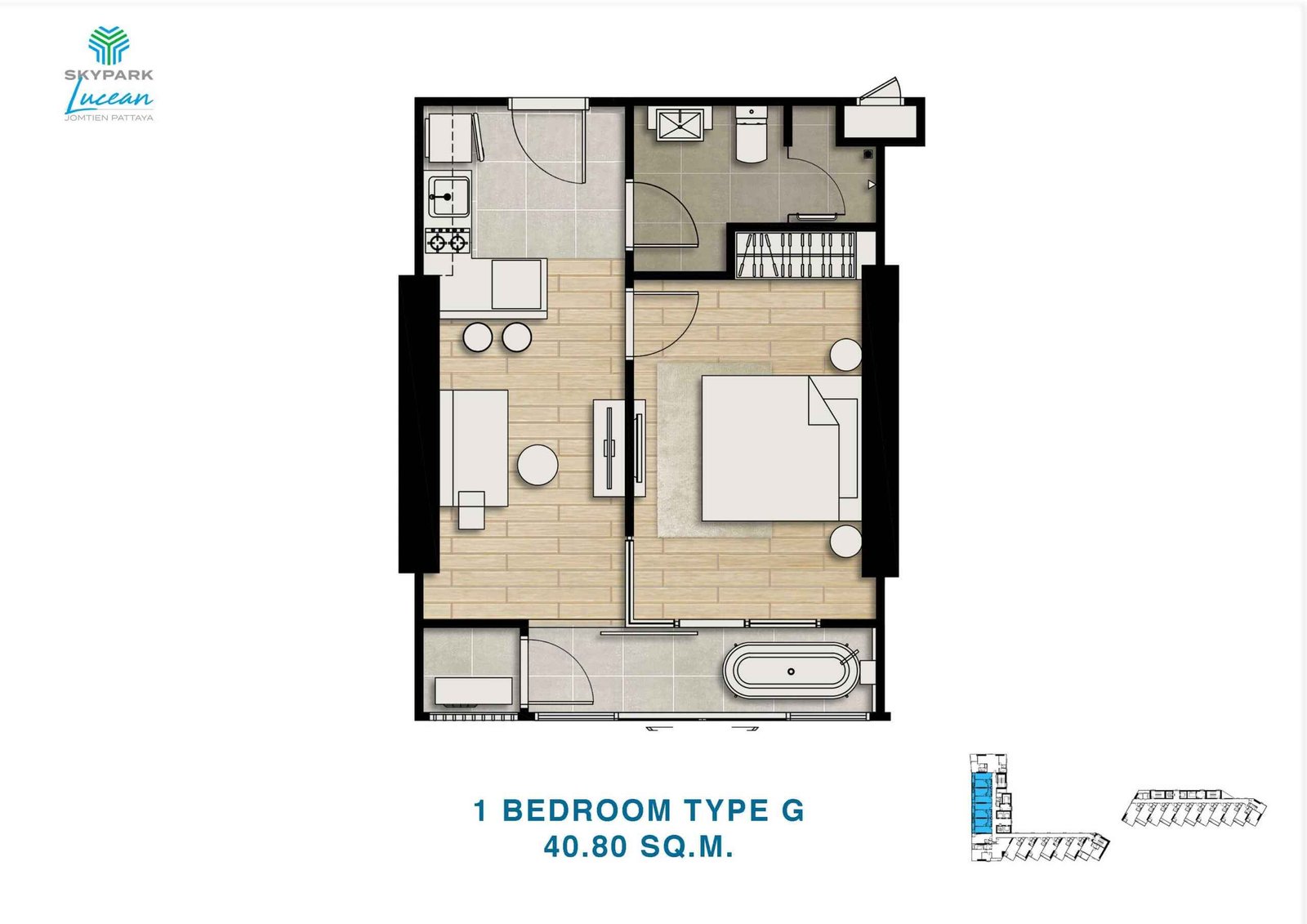skypark lucean jomtien pattaya 1 bedroom plan type G 40.80 sqm