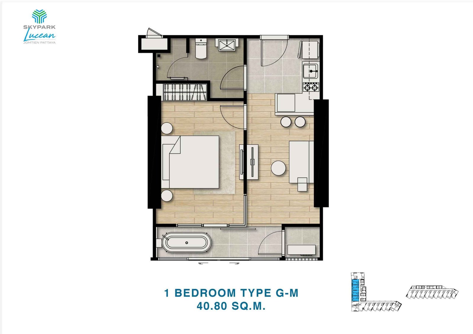 skypark lucean jomtien pattaya 1 bedroom plan type G-M 40.8 sqm