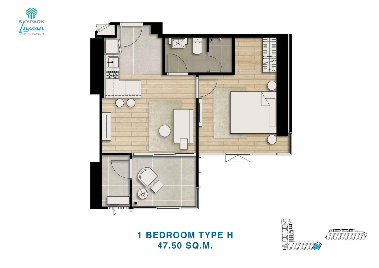 skypark lucean jomtien pattaya 1 bedroom plan type H 47.5 sqm