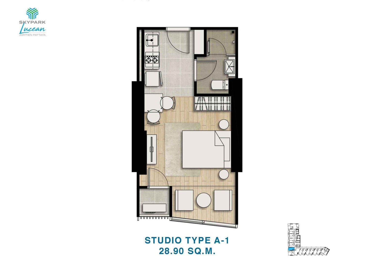 skypark lucean jomtien pattaya 1 bedroom studio plan type A-1 28.90 sqm