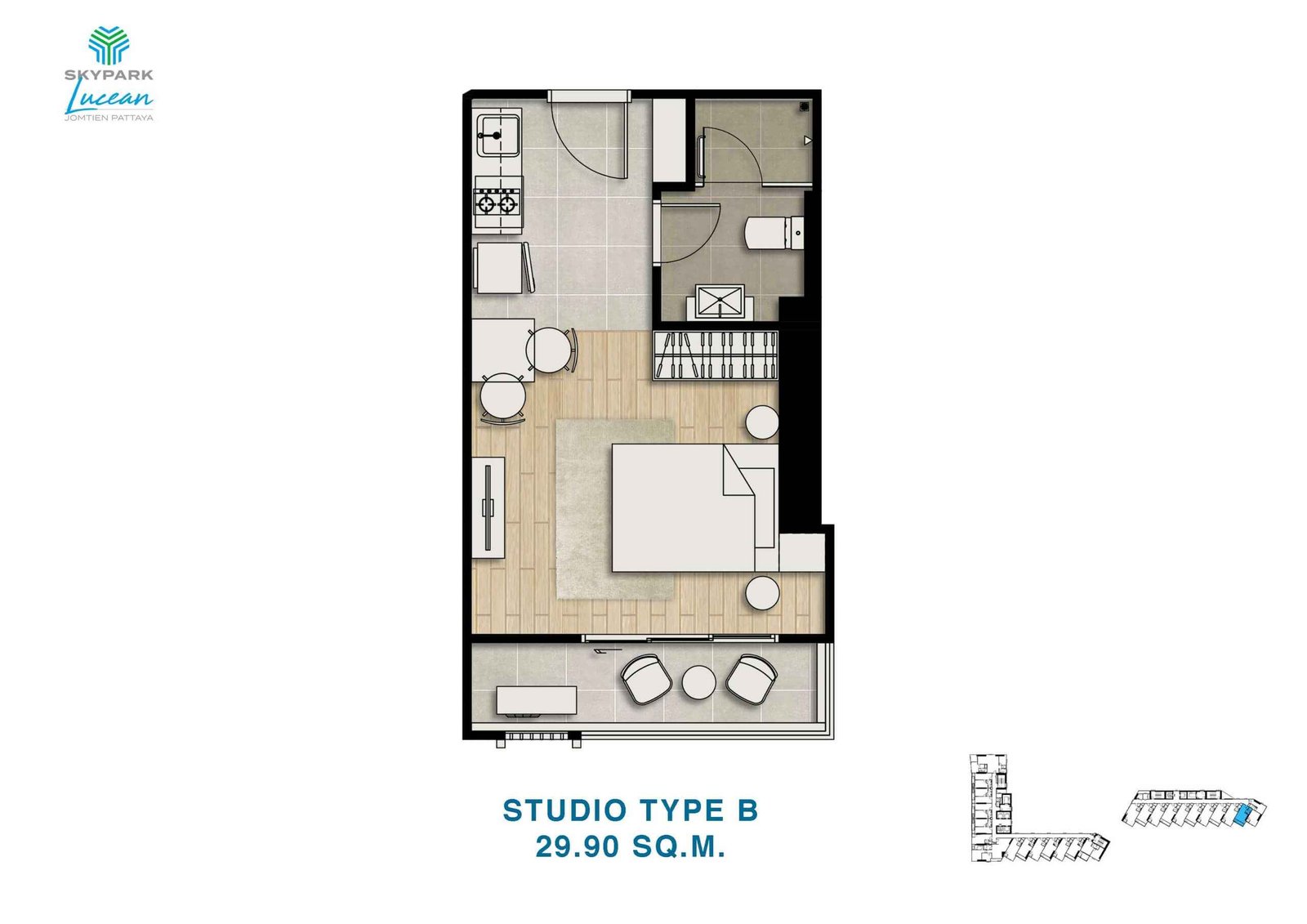 skypark lucean jomtien pattaya 1 bedroom studio plan type B 29.90 sqm