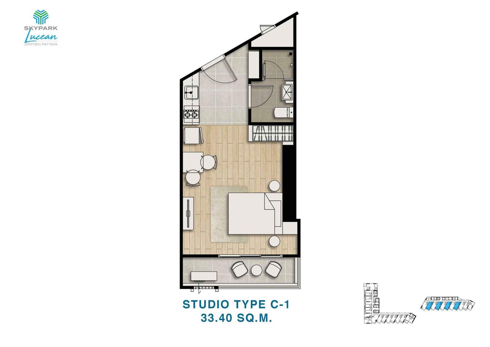 skypark lucean jomtien pattaya 1 bedroom studio plan type C-1 33.40 sqm