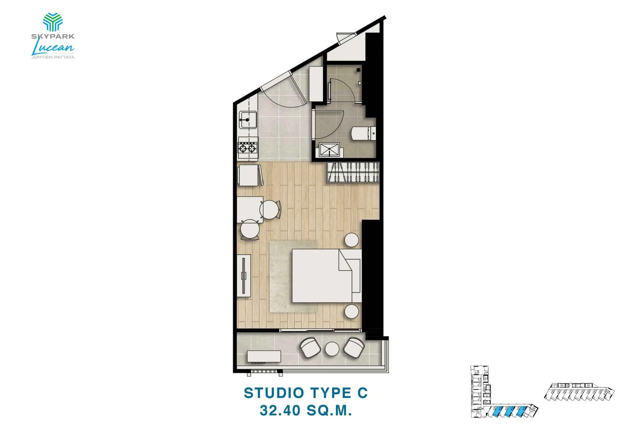 skypark lucean jomtien pattaya 1 bedroom studio plan type C 32.40 sqm