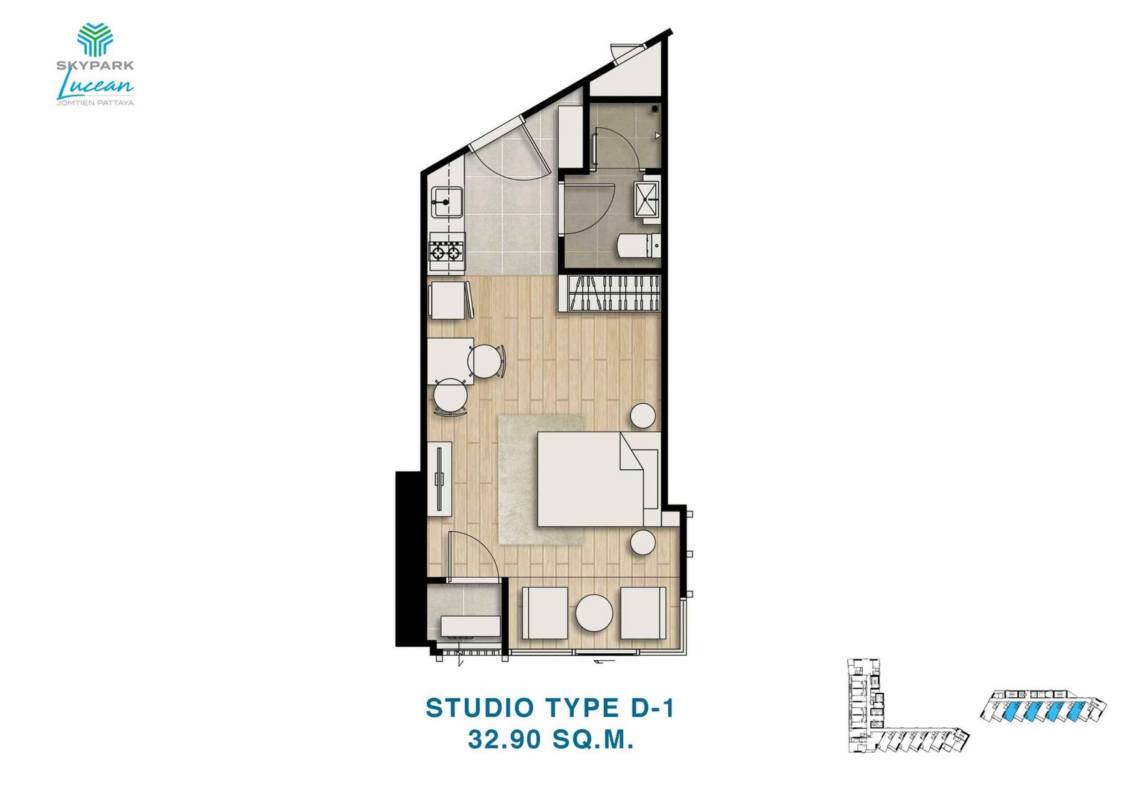 skypark lucean jomtien pattaya 1 bedroom studio plan type D-1 32.90 sqm