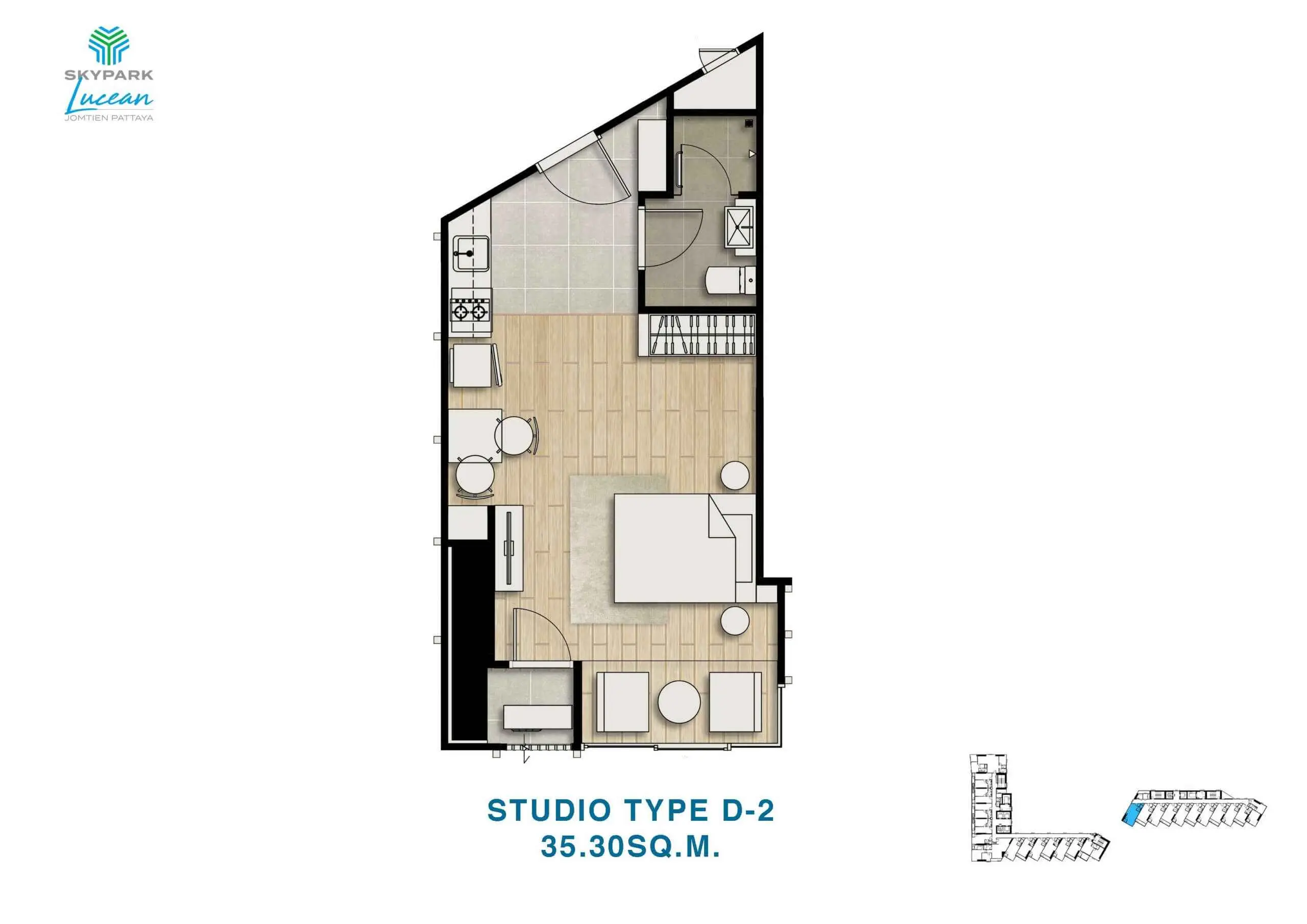 skypark lucean jomtien pattaya 1 bedroom studio plan type D-2 35.30 sqm