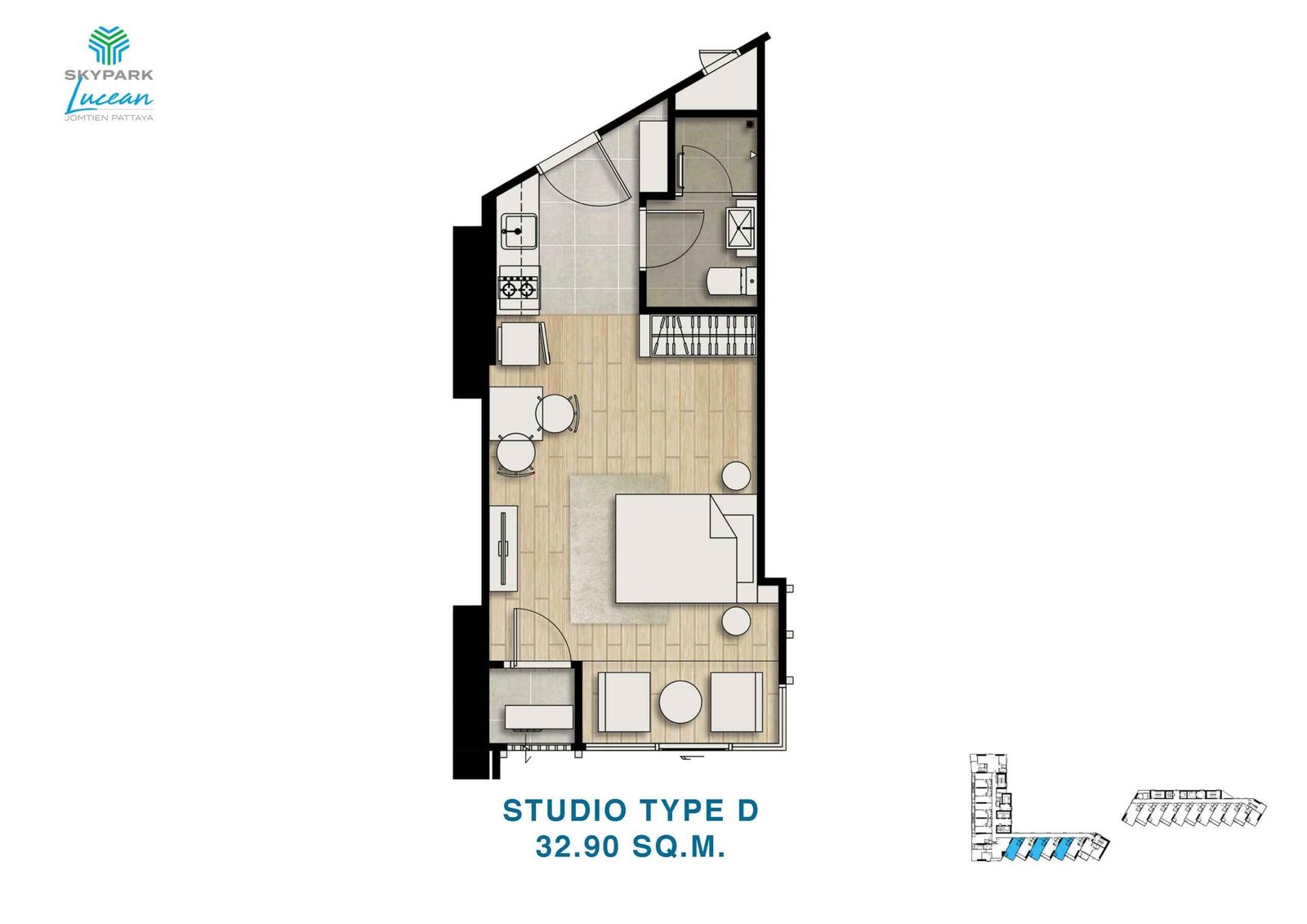 skypark lucean jomtien pattaya 1 bedroom studio plan type D 32.90 sqm