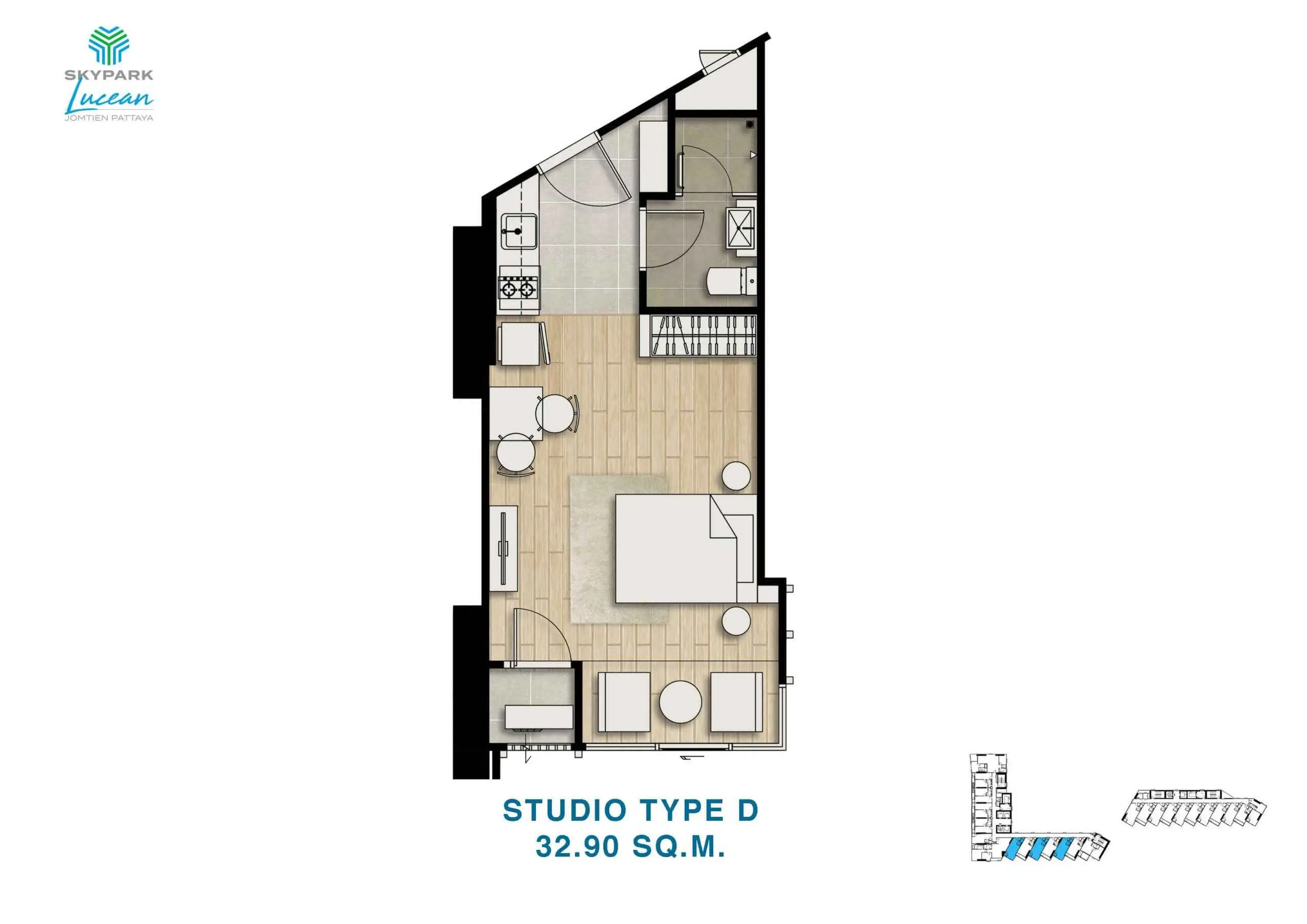 skypark lucean jomtien pattaya 1 bedroom studio plan type D 32.90 sqm