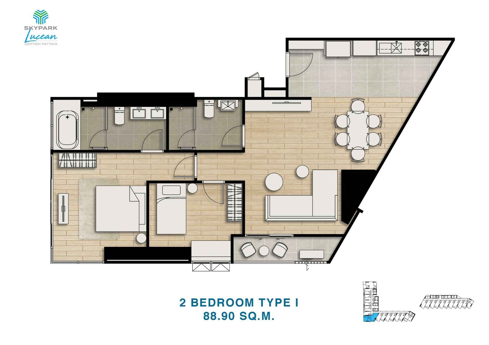 skypark lucean jomtien pattaya 2 bedrooms plan type I 88.90 sqm