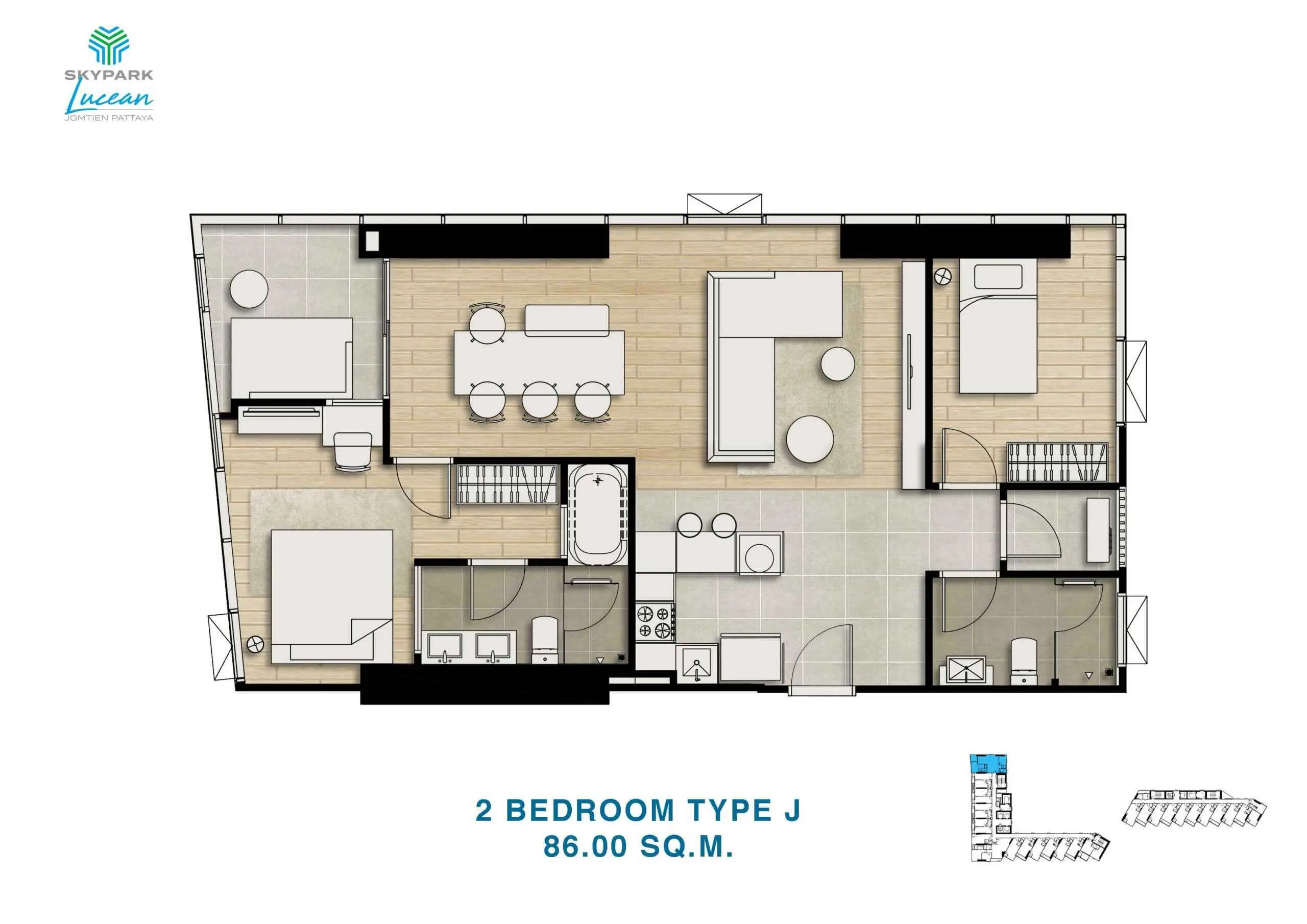 skypark lucean jomtien pattaya 2 bedrooms plan type J 86 sqm