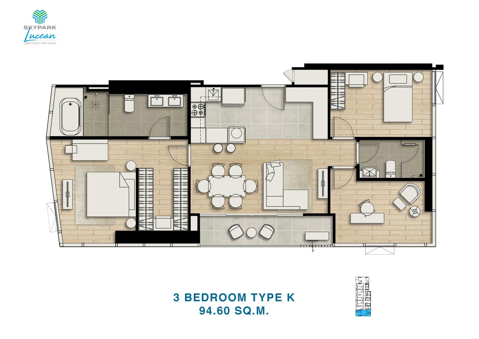 skypark lucean jomtien pattaya 3 bedrooms plan type K 94.60 sqm
