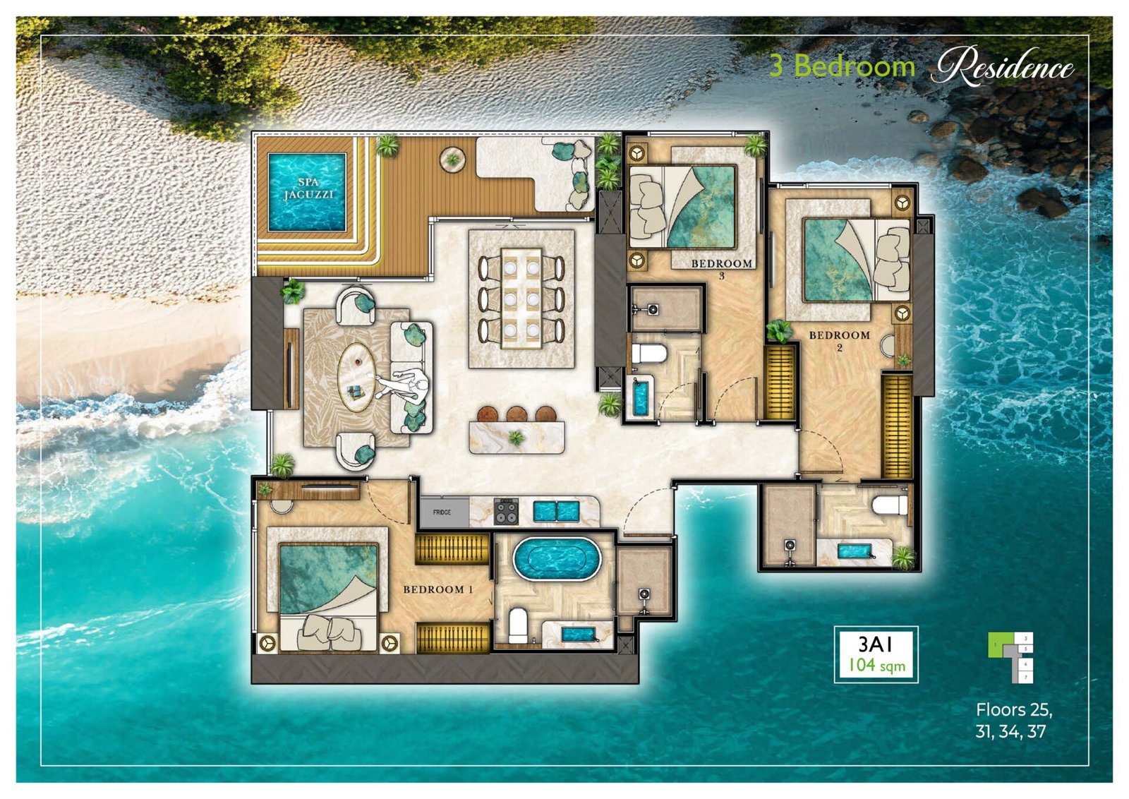 the riviera palm beach wongamat 3 Bedroom Floor Plan